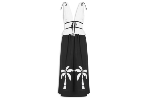 Vestido Midi Algodão Bordado Coqueiro - Preto