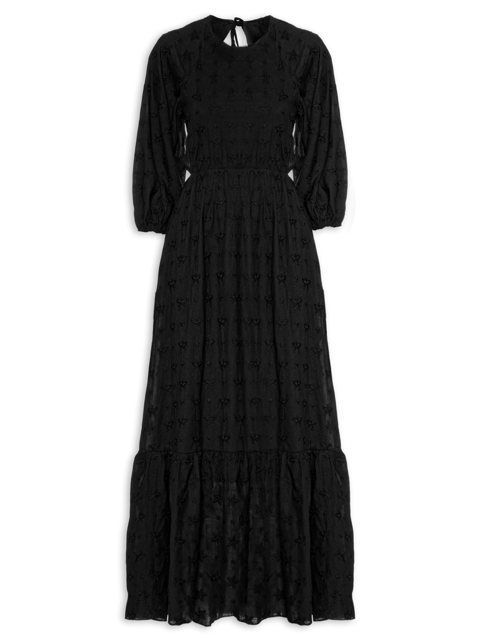 Vestido Midi Algodão Bordado Mix Estrela Preto Dress To