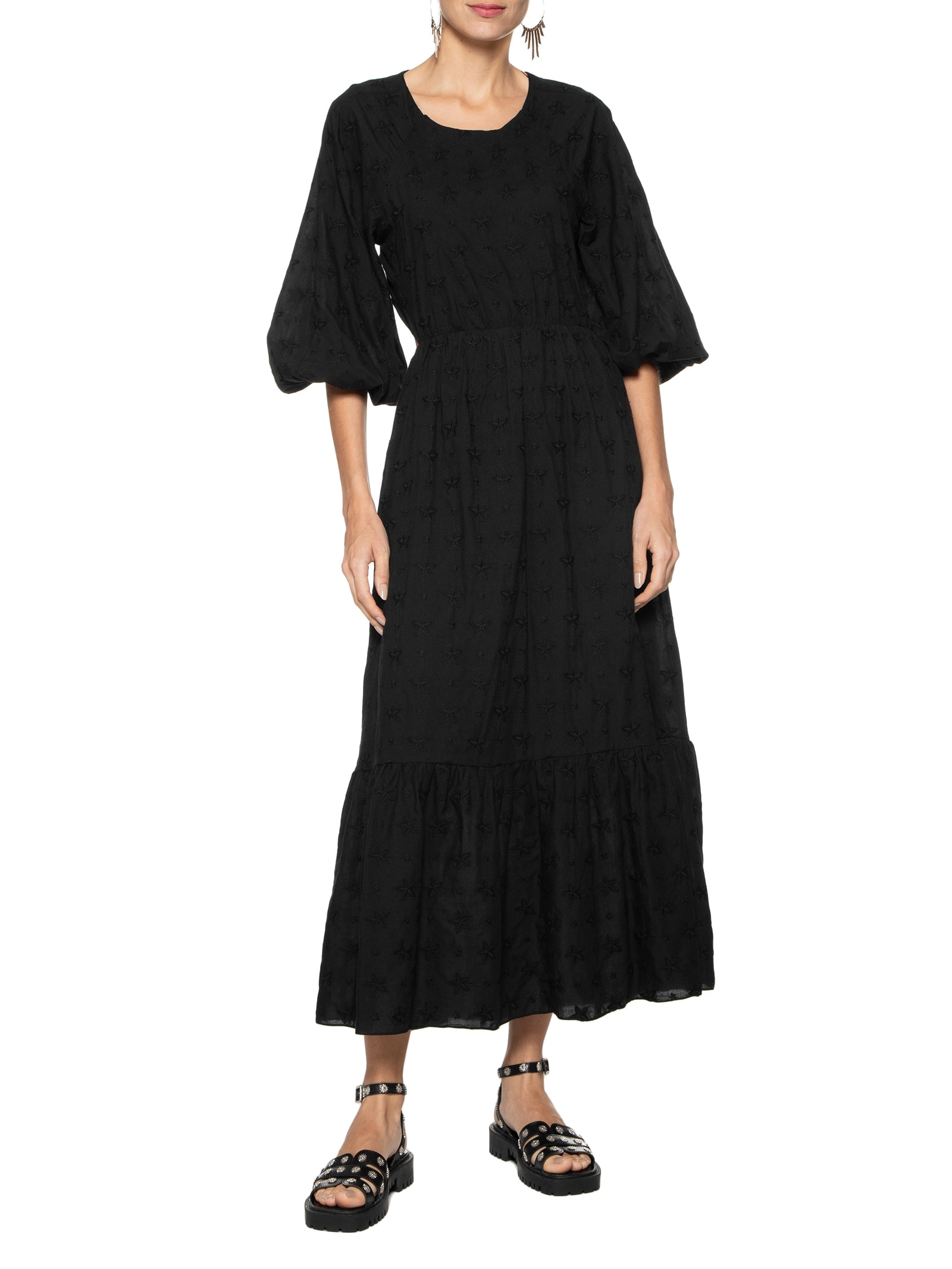 Vestido Midi Algodão Bordado Mix Estrela Preto Dress To