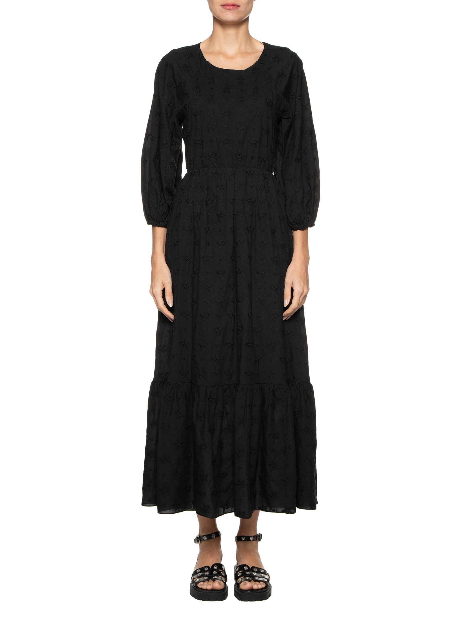 Vestido Midi Algodão Bordado Mix Estrela Preto Dress To