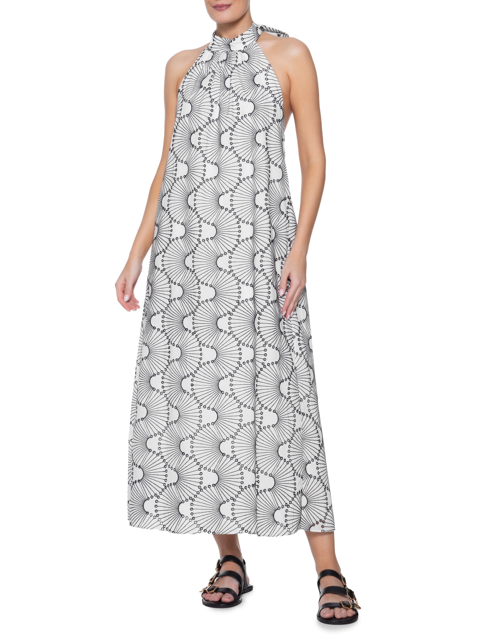 Vestido Midi Algodão Bordado Ondas Off White Dress To