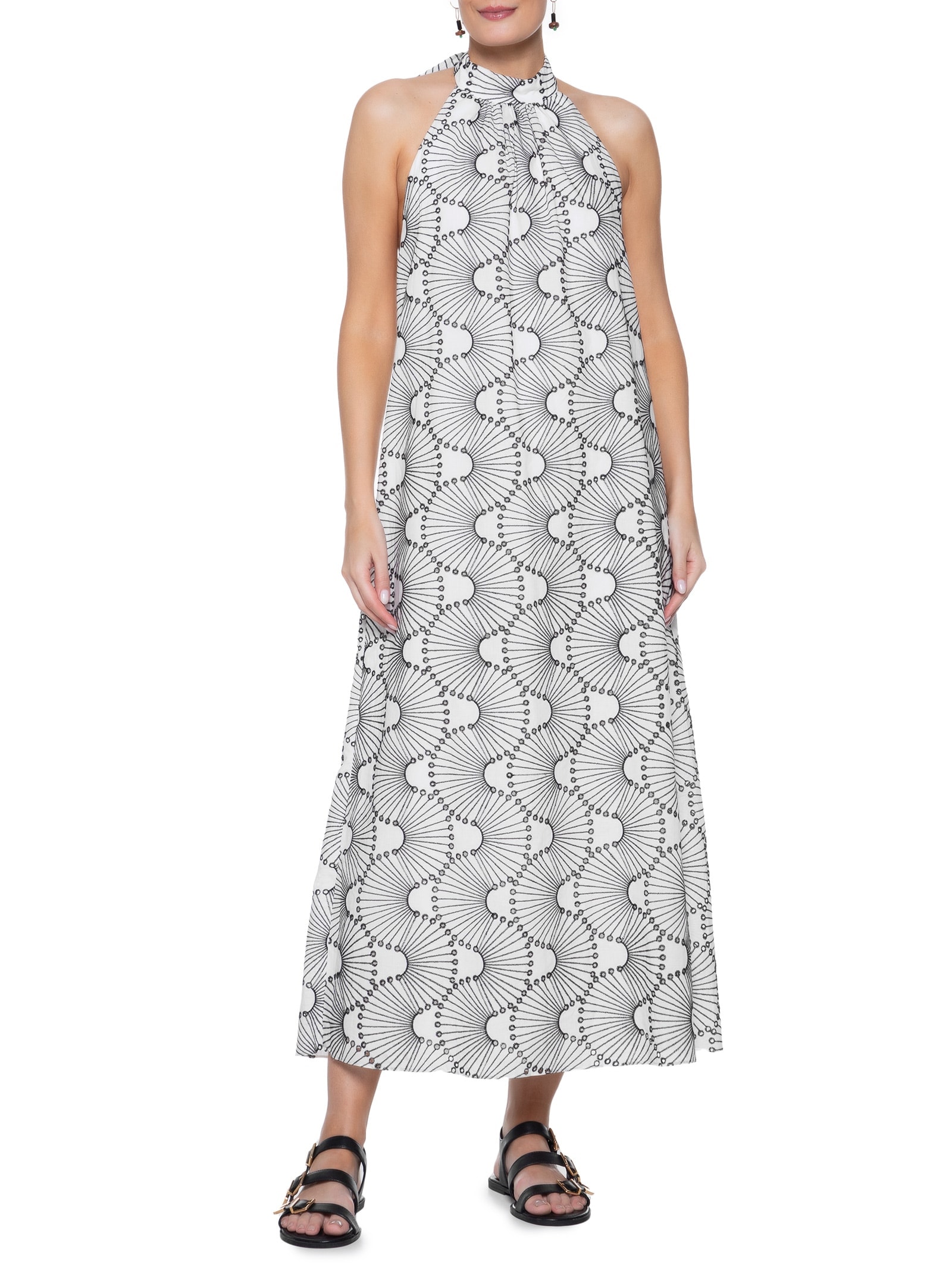 Vestido Midi Algodão Bordado Ondas Off White Dress To