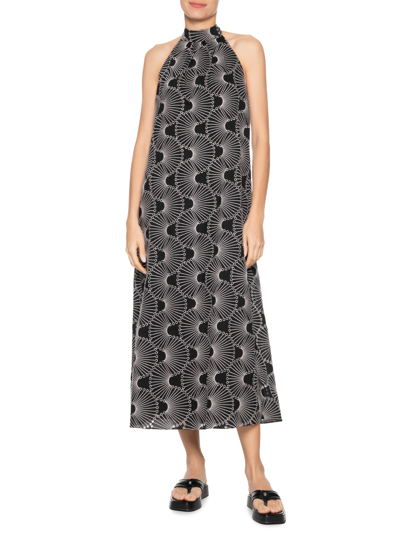 Vestido Midi Algodão Bordado Ondas Preto Dress To