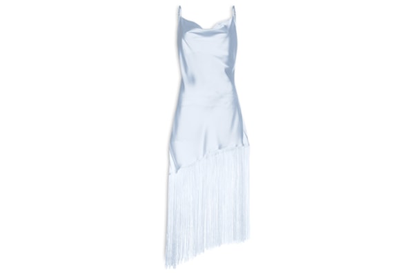 Vestido Midi Assimétrico Acetinado Com  Franjas - Azul