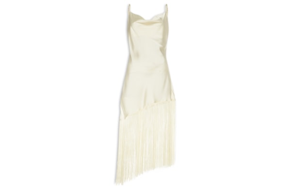 Vestido Midi Assimétrico Acetinado Com  Franjas - Off White