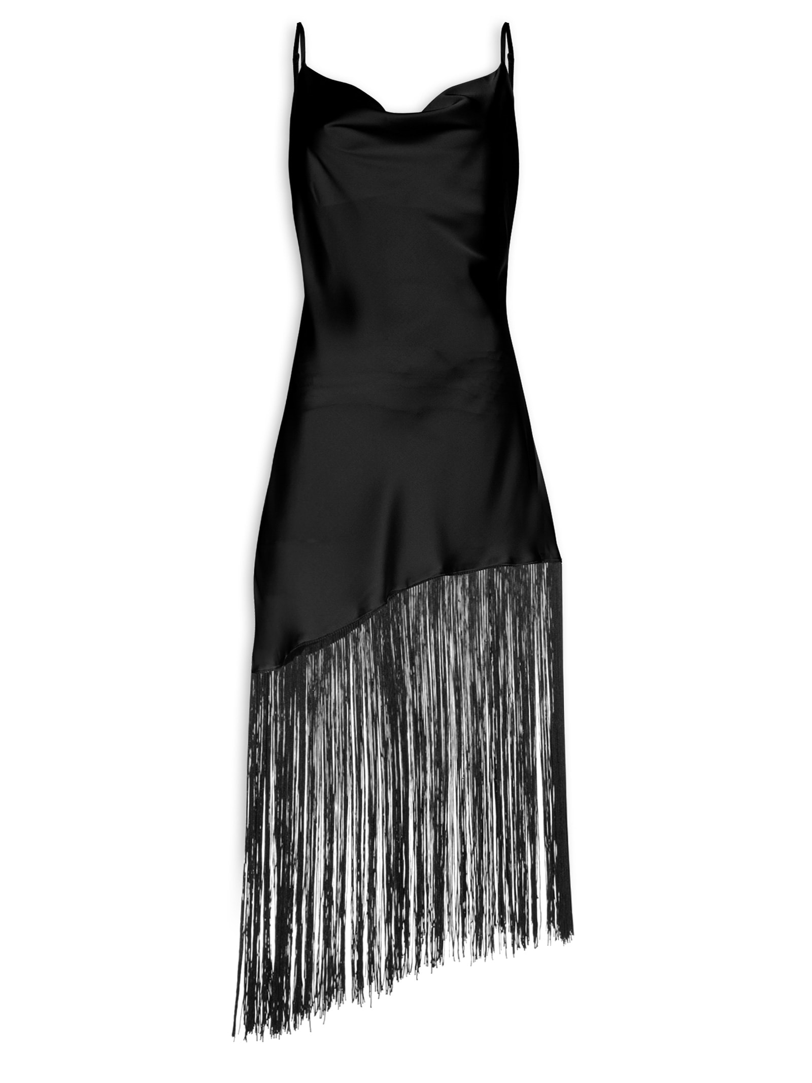 Vestido Midi Assimétrico Acetinado Com  Franjas Preto Market 33