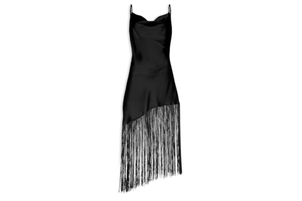 Vestido Midi Assimétrico Acetinado Com  Franjas - Preto