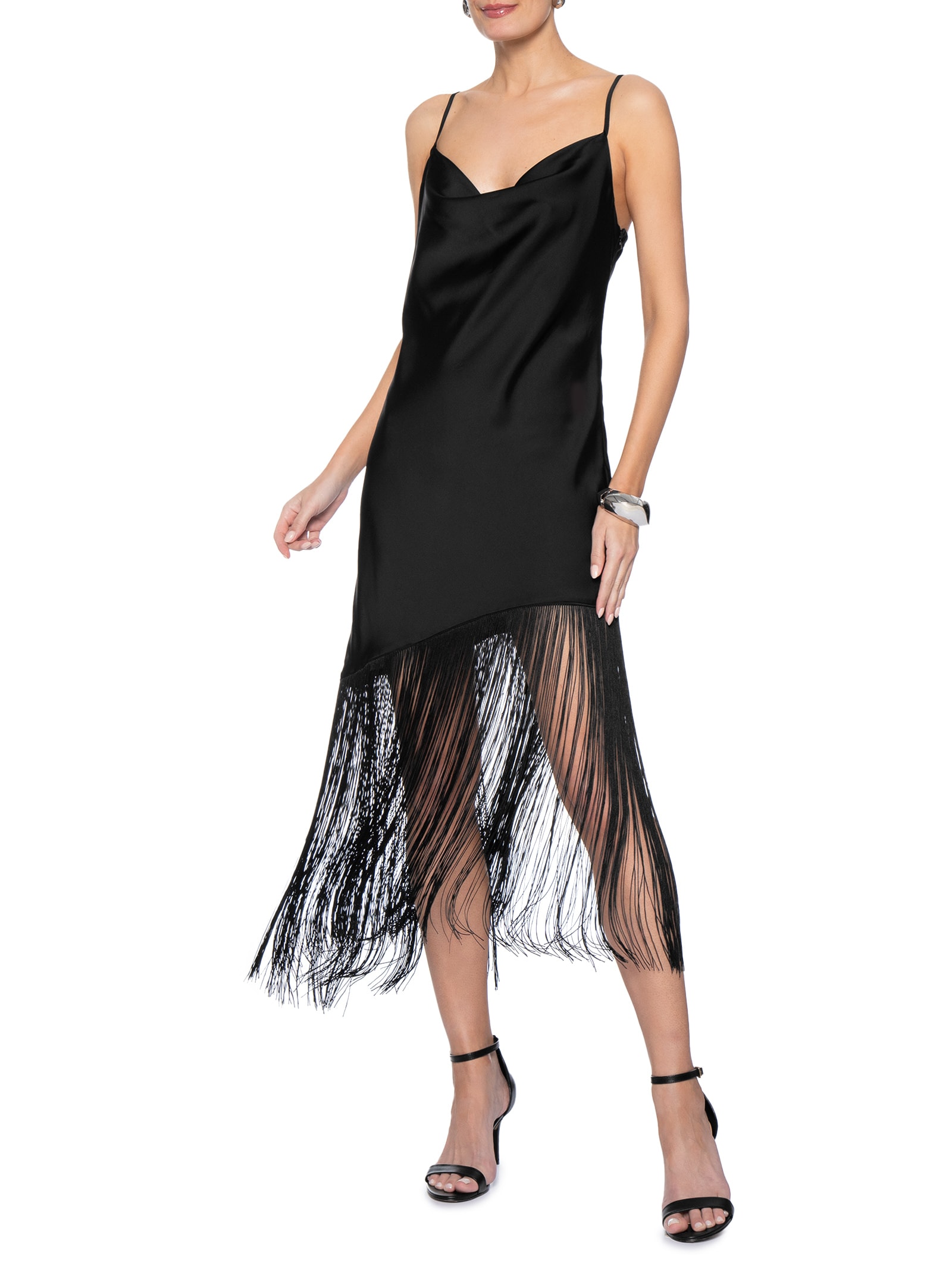 Vestido Midi Assimétrico Acetinado Com  Franjas Preto Market 33