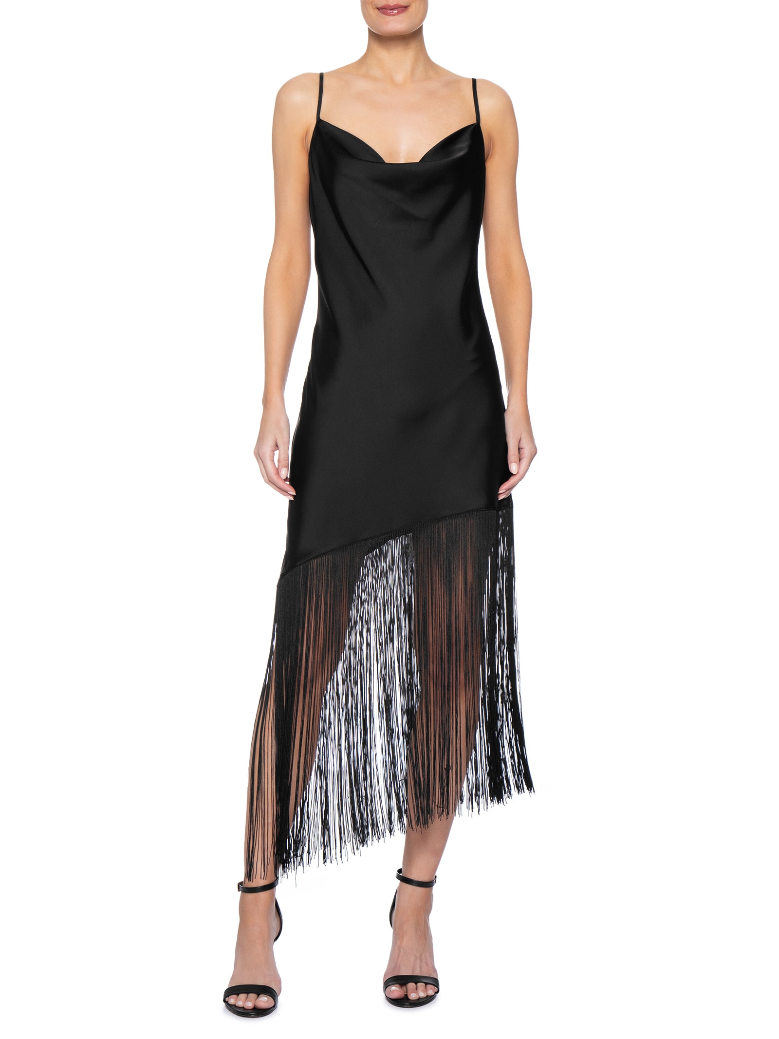 Vestido Midi Assimétrico Acetinado Com  Franjas Preto Market 33