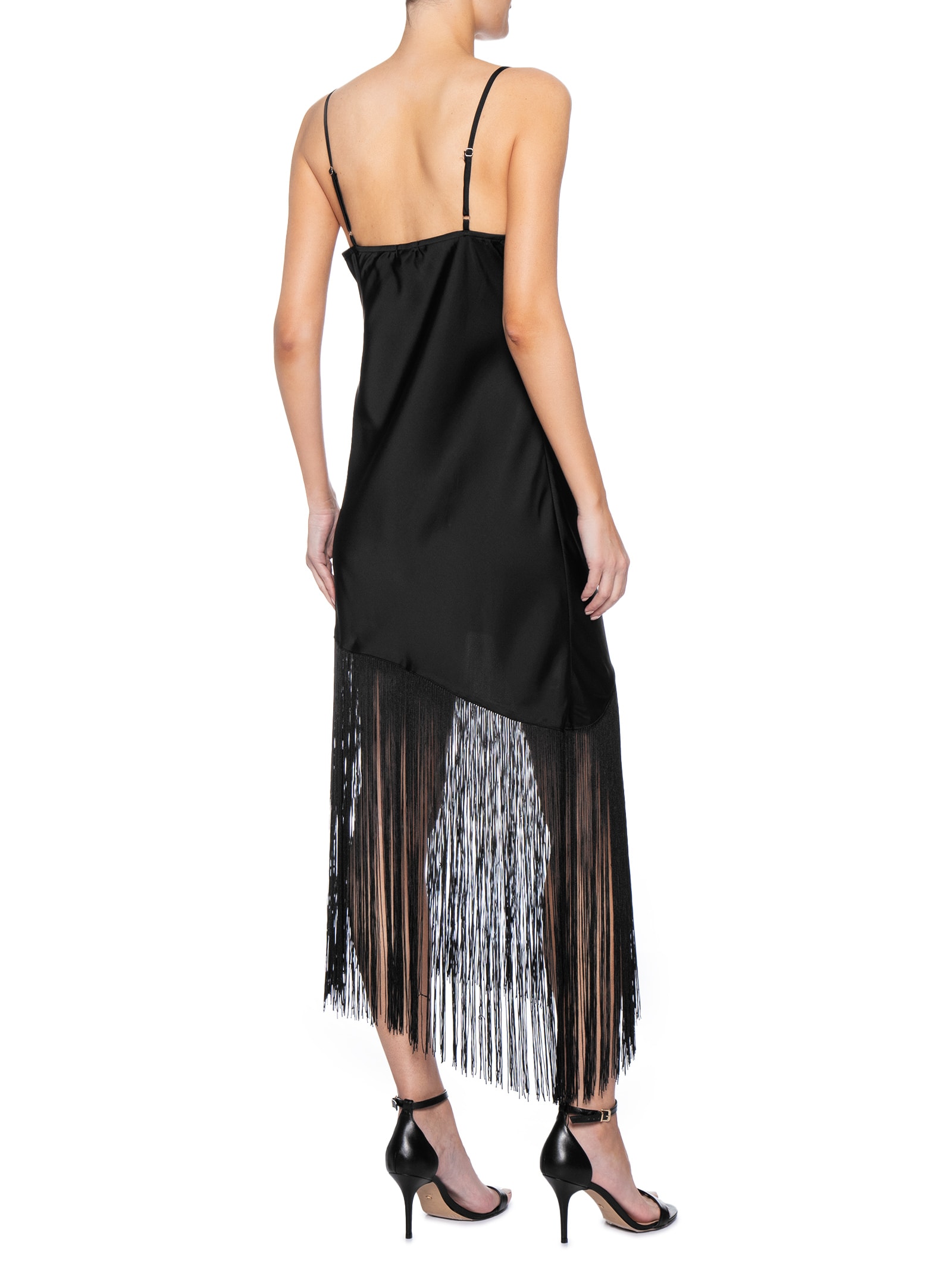 Vestido Midi Assimétrico Acetinado Com  Franjas Preto Market 33