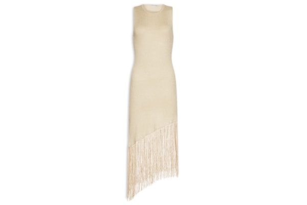 Vestido Midi Assimétrico Em Tricot Com Franjas - Bege