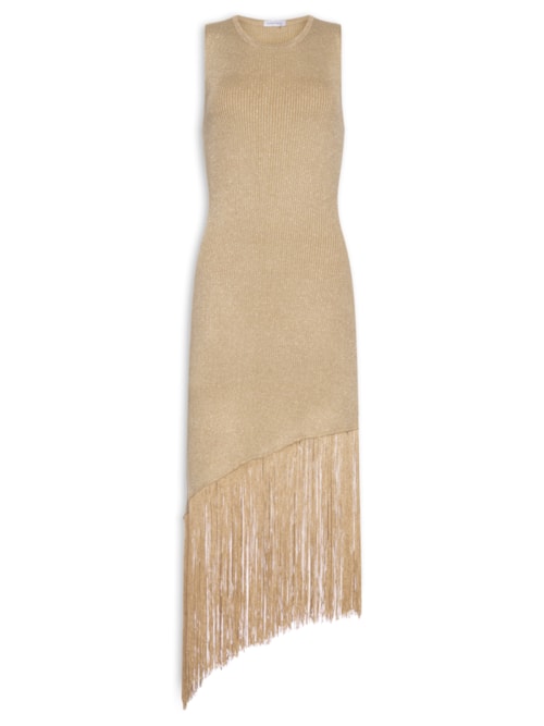 Vestido Midi Assimétrico Em Tricot Com Franjas - Marrom
