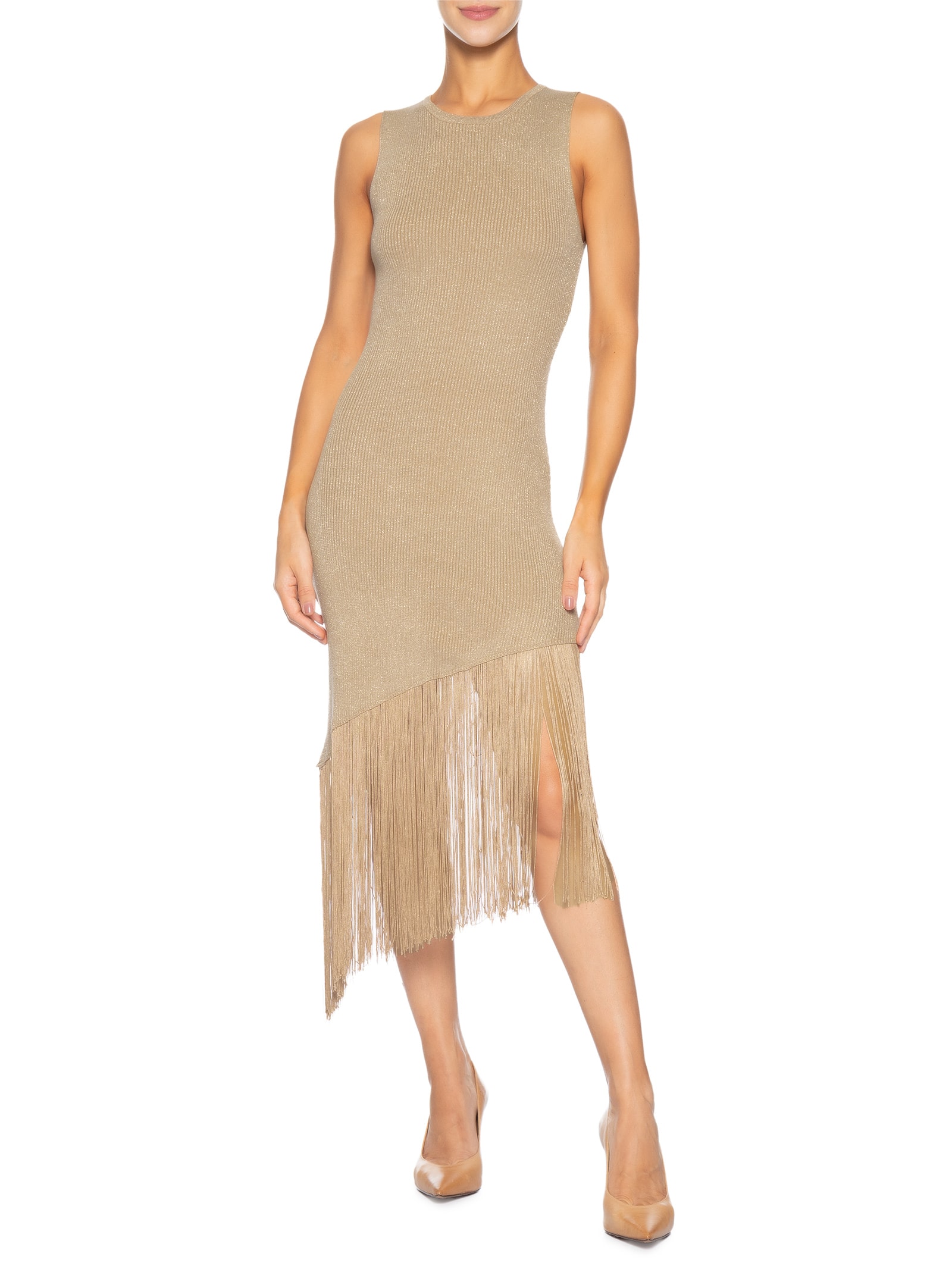 Vestido Midi Assimétrico Em Tricot Com Franjas Marrom Market 33
