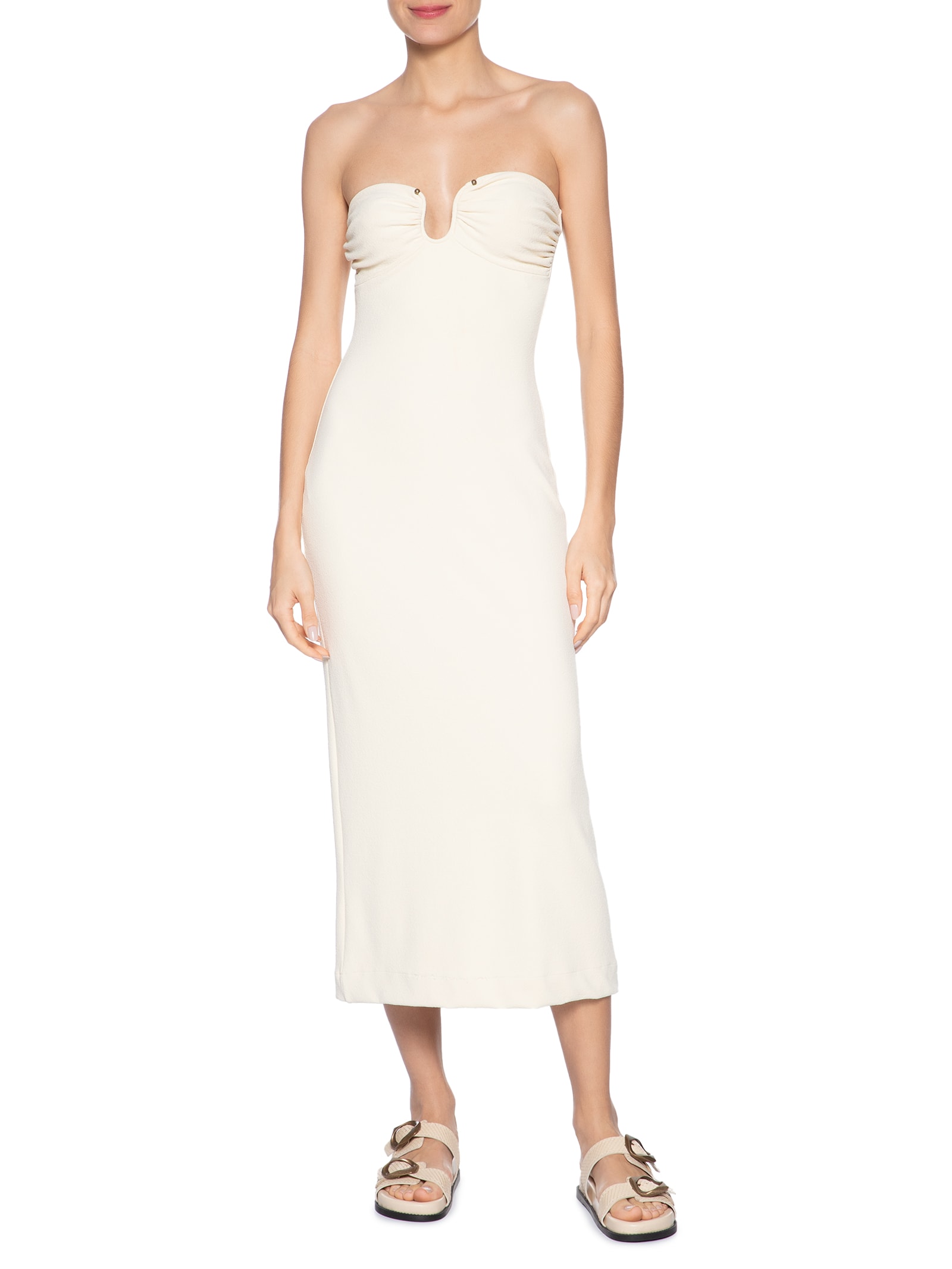 Vestido Midi Aviamento Bege Farm