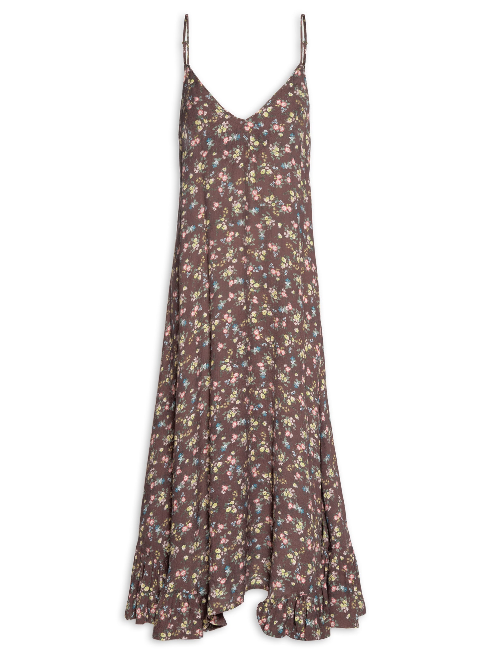 Vestido Midi Babado Estampa Blumi Marrom Maria Filó