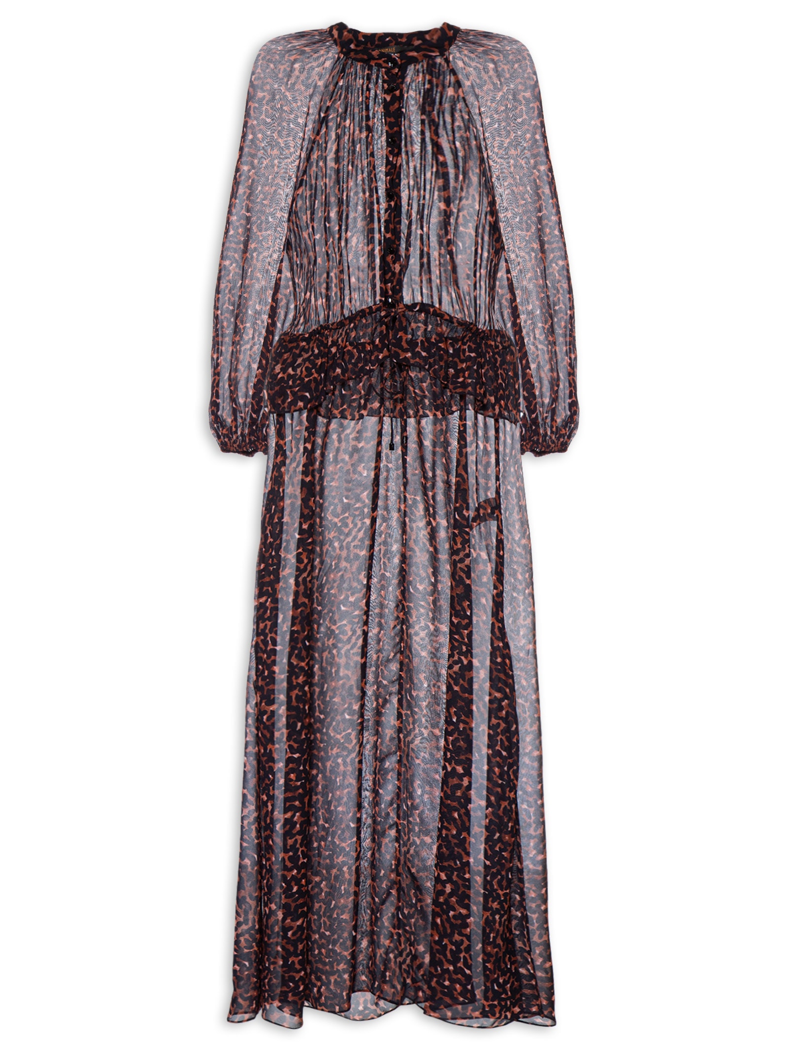 Vestido Midi Babado Textura Bean Marrom Animale