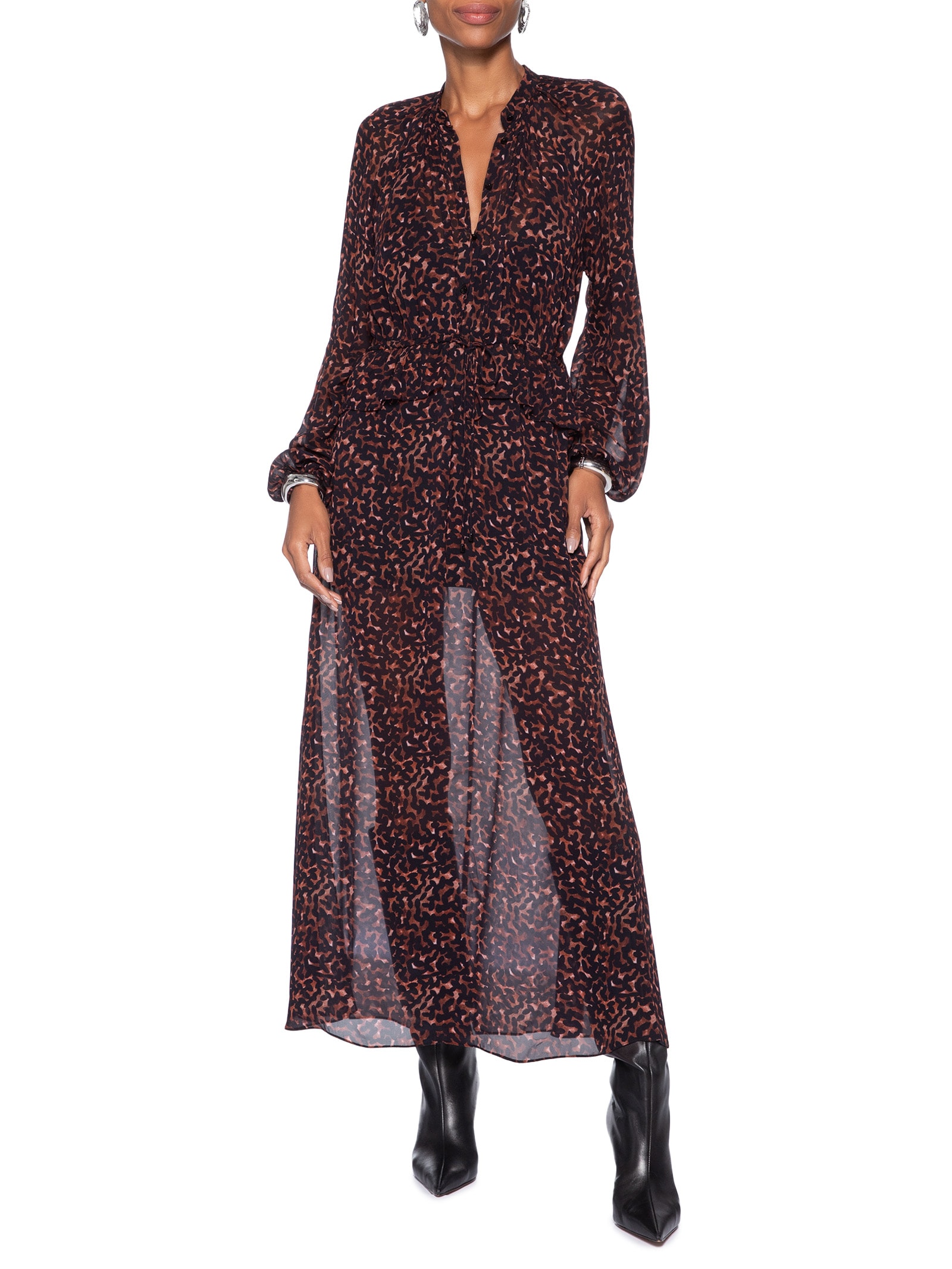 Vestido Midi Babado Textura Bean Marrom Animale