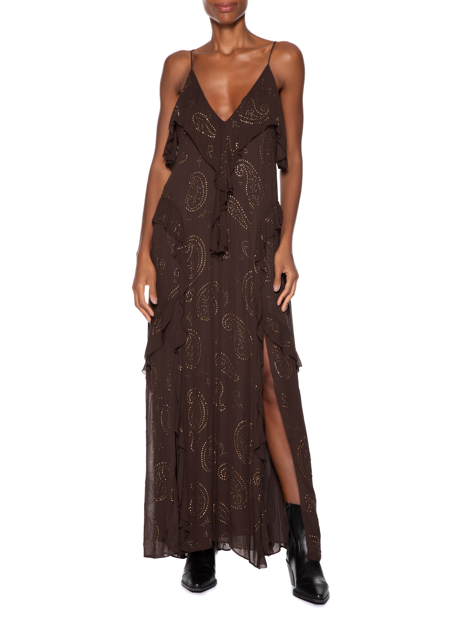 Vestido Midi Babados Hoftix Marrom Animale