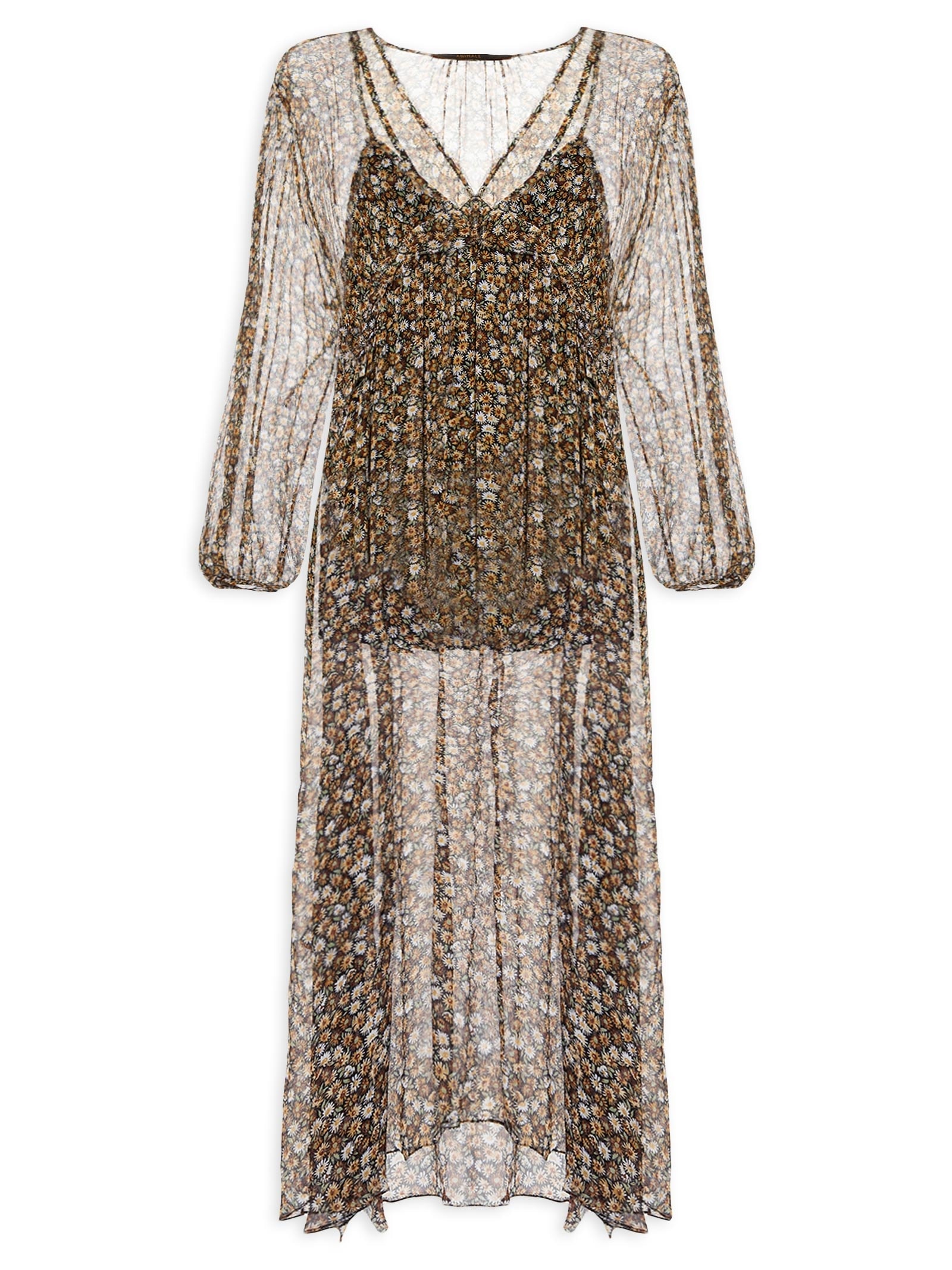 Vestido Midi Babados Liberty Seeds Marrom Animale