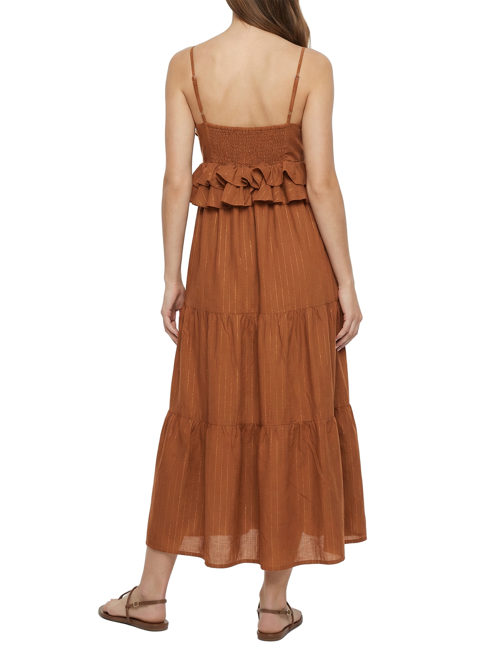 Vestido Midi Babados Liso Marrom Cacay