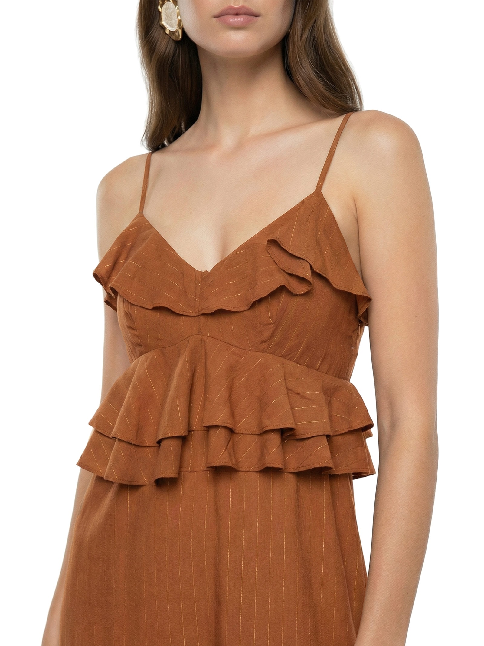 Vestido Midi Babados Liso Marrom Cacay