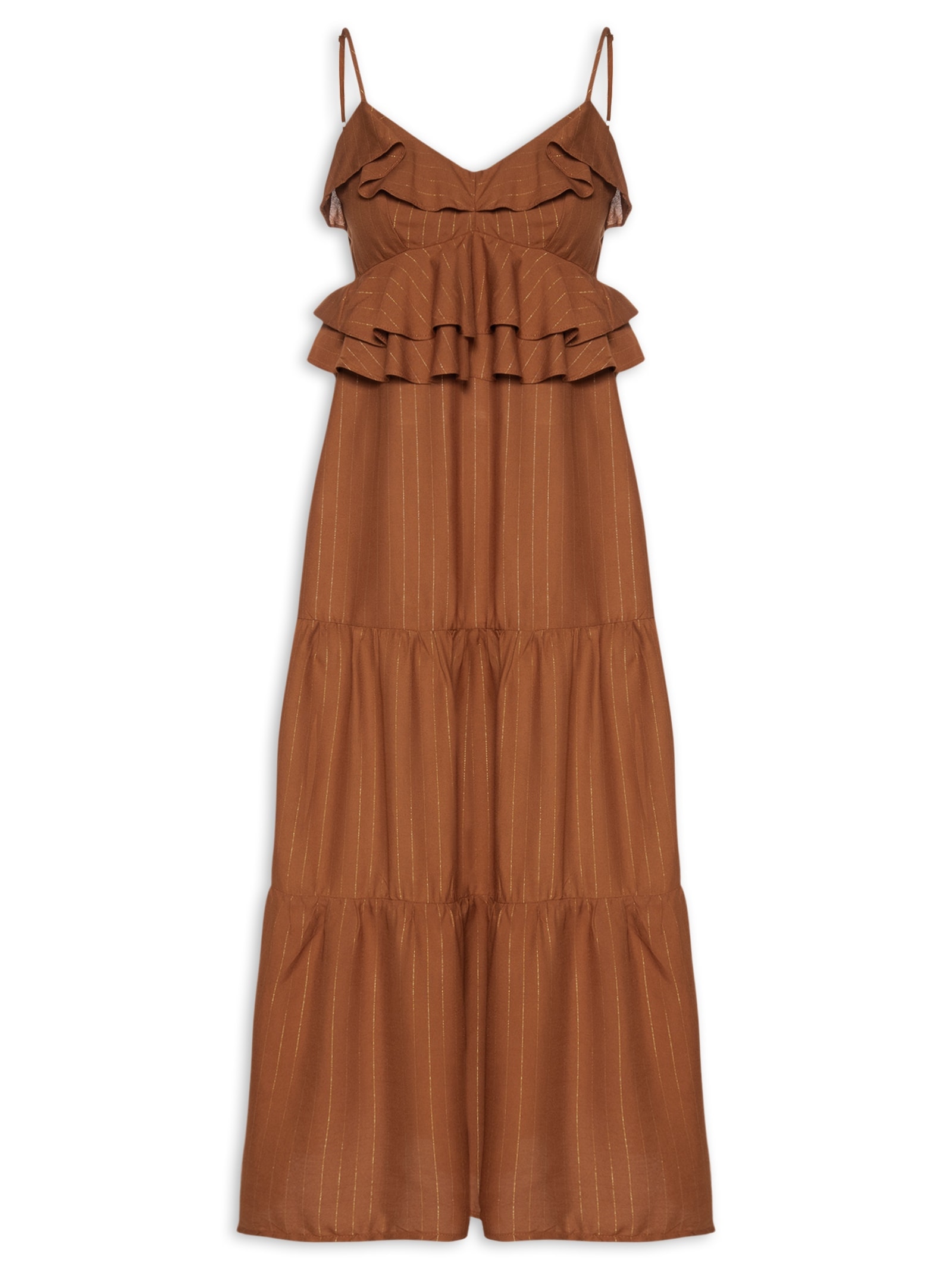 Vestido Midi Babados Liso Marrom Cacay