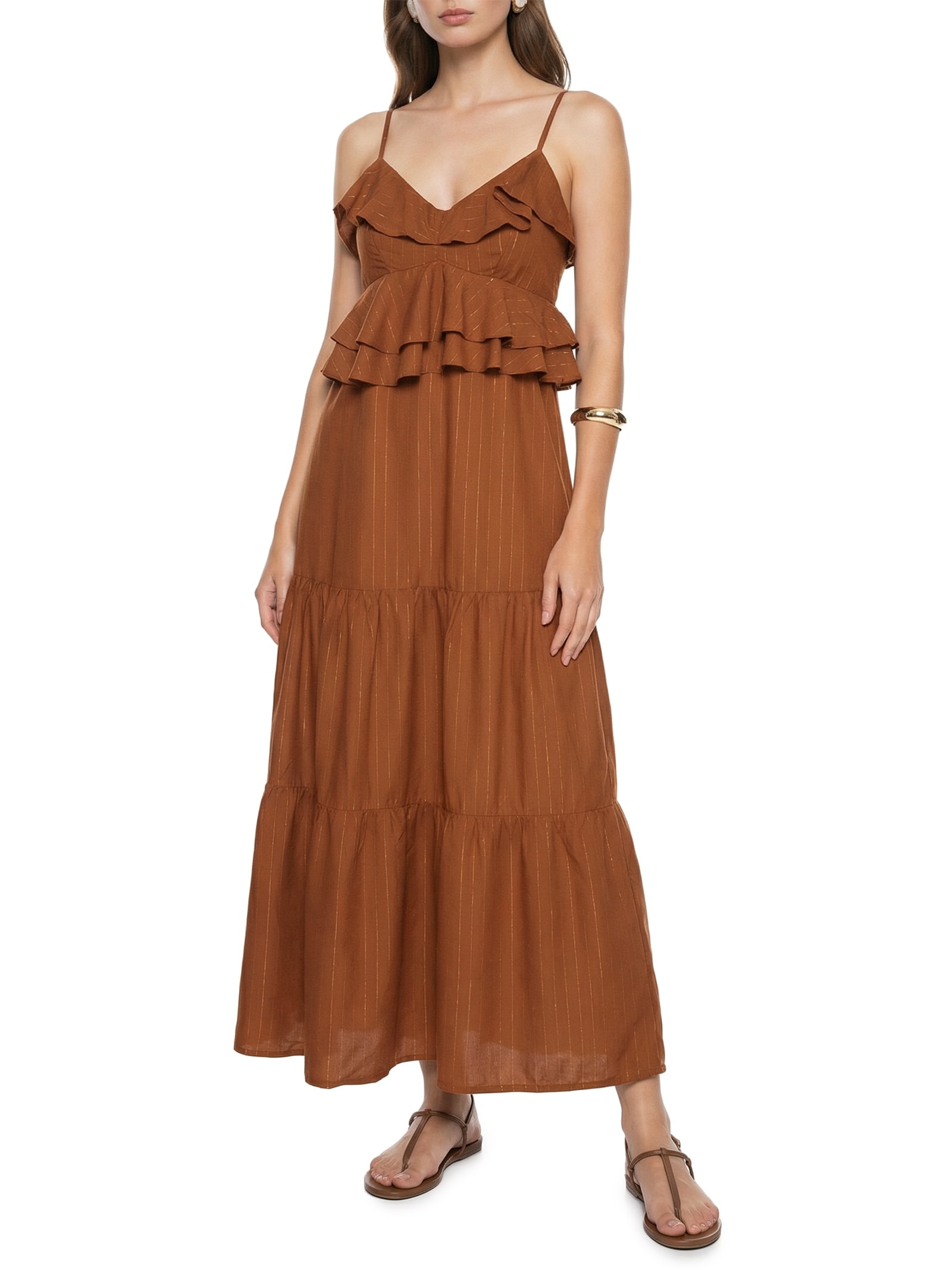 Vestido Midi Babados Liso Marrom Cacay