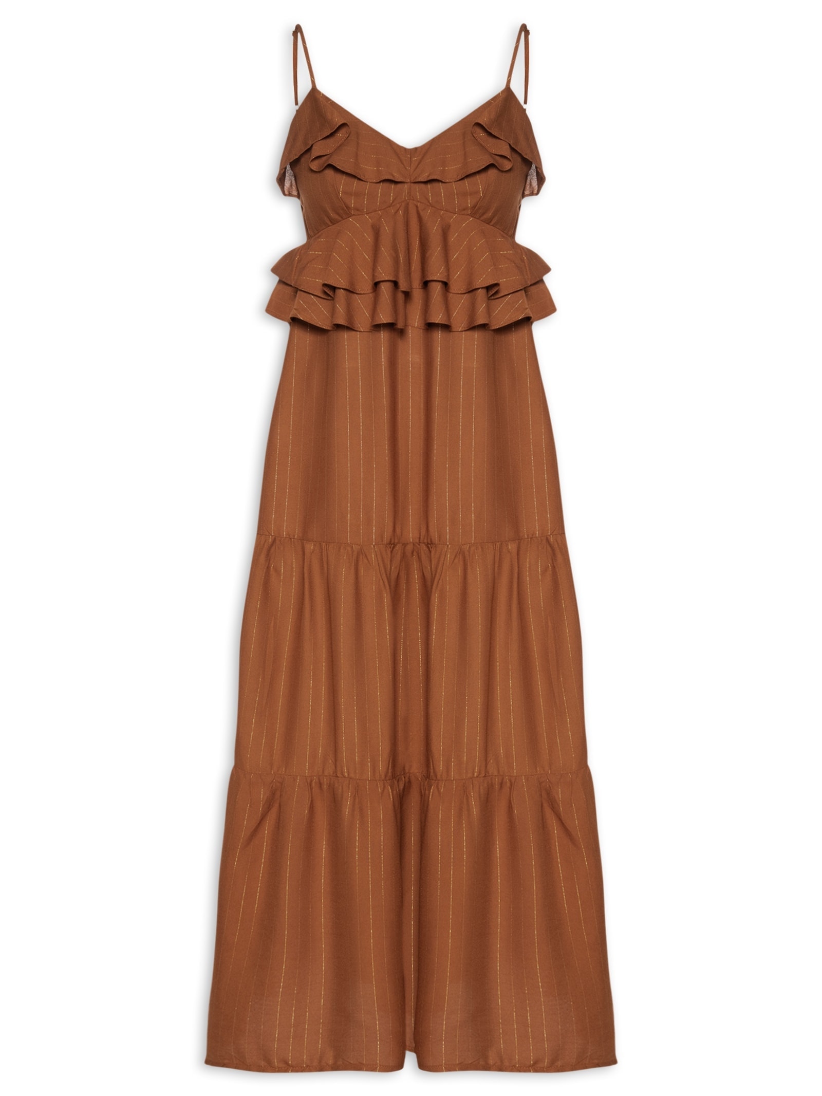 Vestido Midi Babados Liso Marrom Cacay