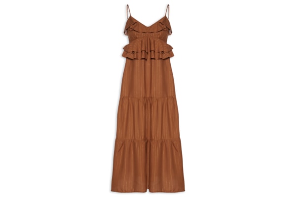 Vestido Midi Babados Liso - Marrom