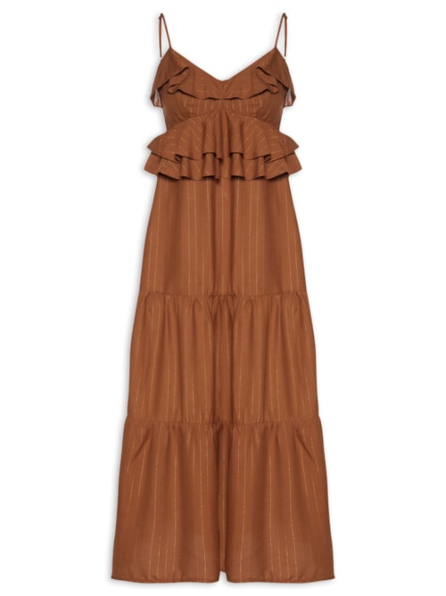 Vestido Midi Babados Liso - Marrom