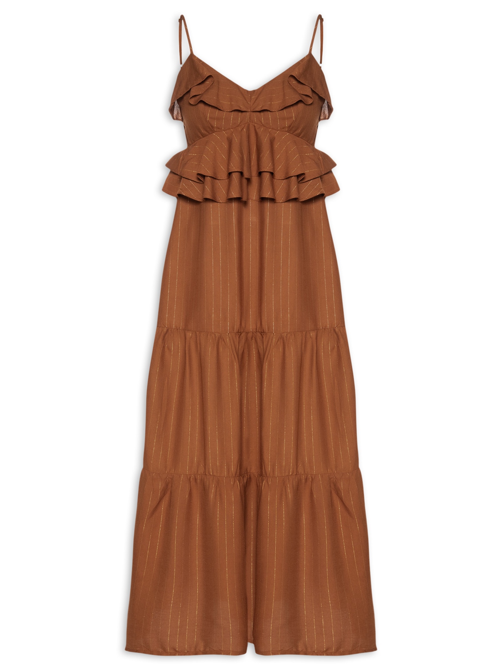 Vestido Midi Babados Liso Marrom Cacay