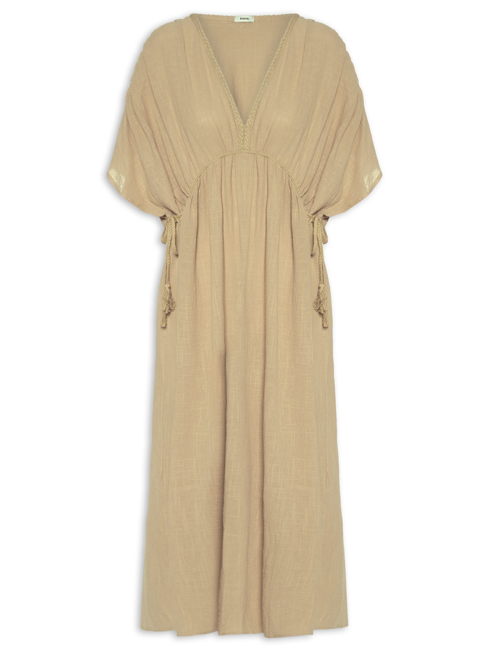 Vestido Midi Bata Com Linho Bege Basiq