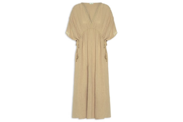 Vestido Midi Bata Com Linho - Bege