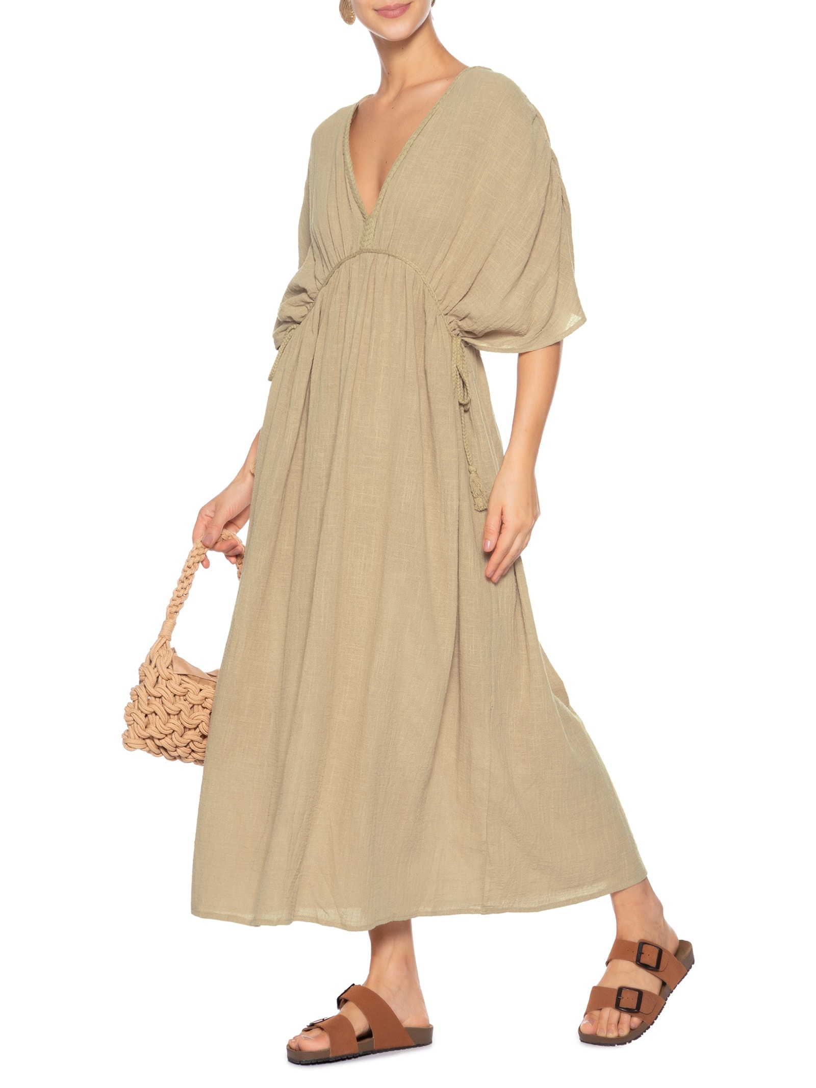 Vestido Midi Bata Com Linho Bege Basiq