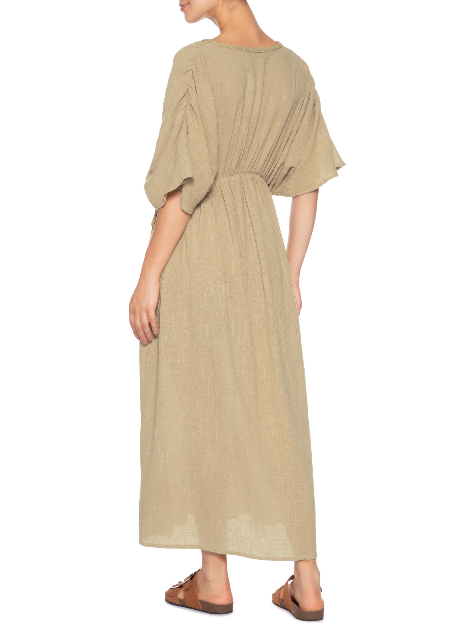 Vestido Midi Bata Com Linho Bege Basiq