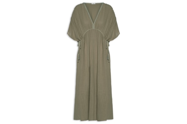 Vestido Midi Bata Com Linho - Verde