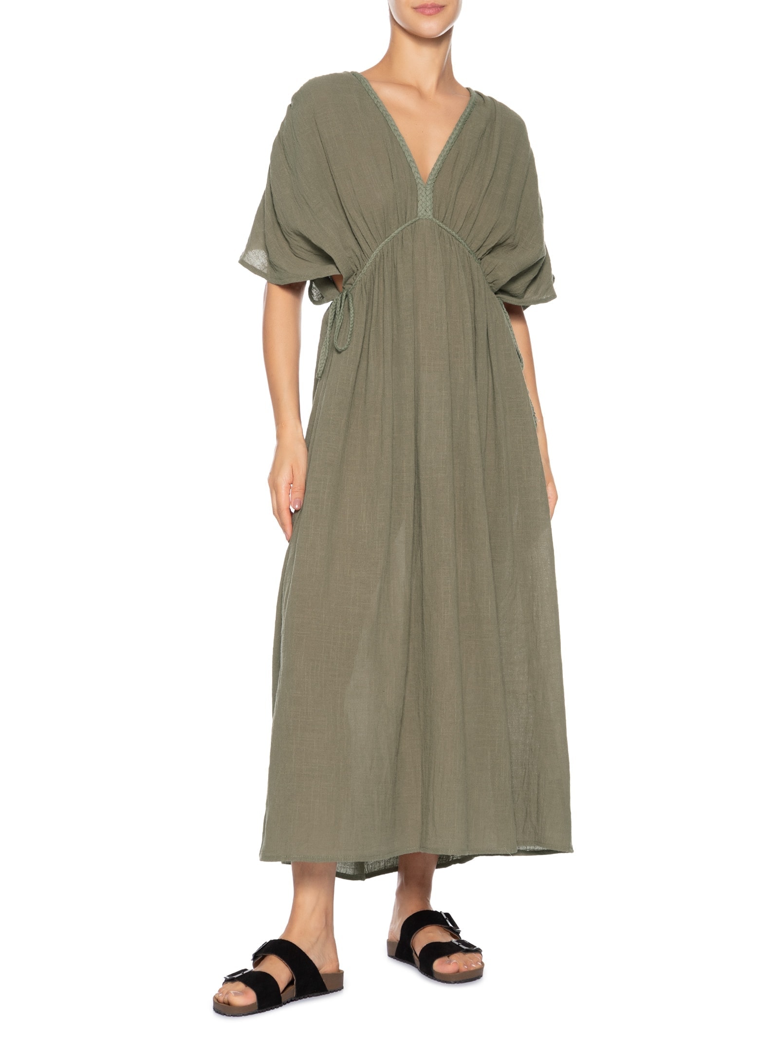 Vestido Midi Bata Com Linho Verde Basiq