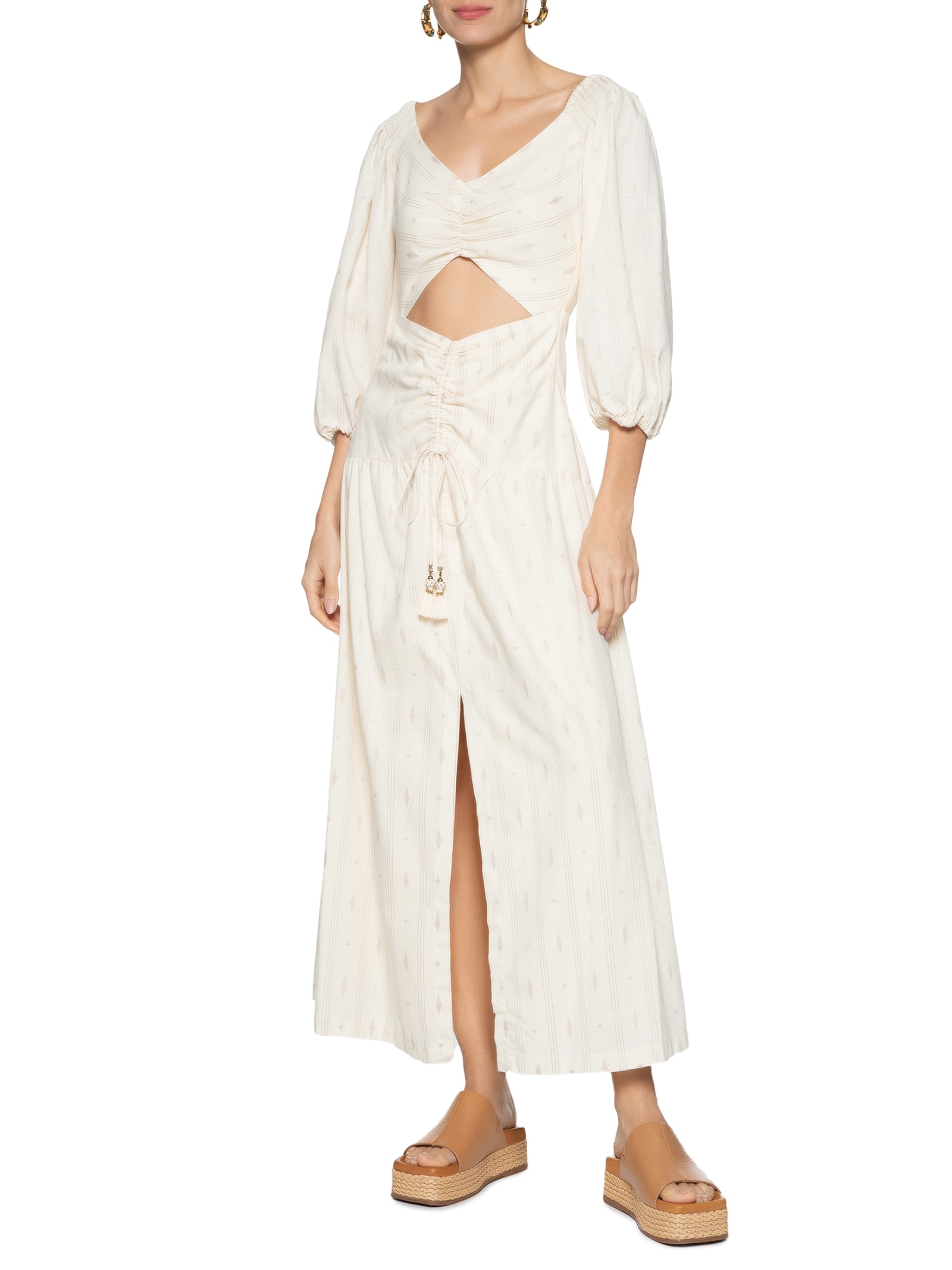 Vestido Midi Bordado Caminhos Bege Dress To