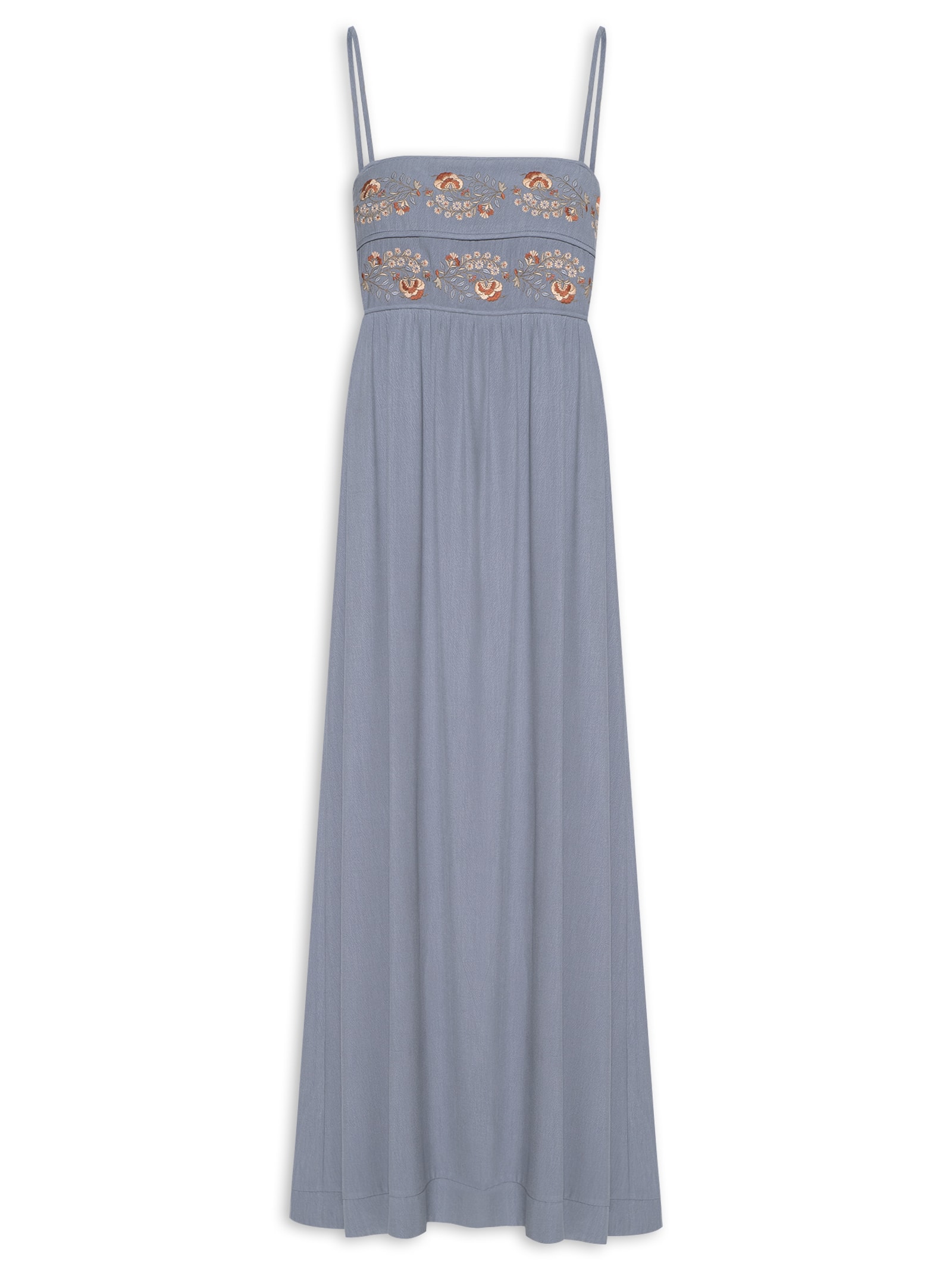 Maria Filó Vestido Midi Bordado Flor Retrô Azul - Main Image