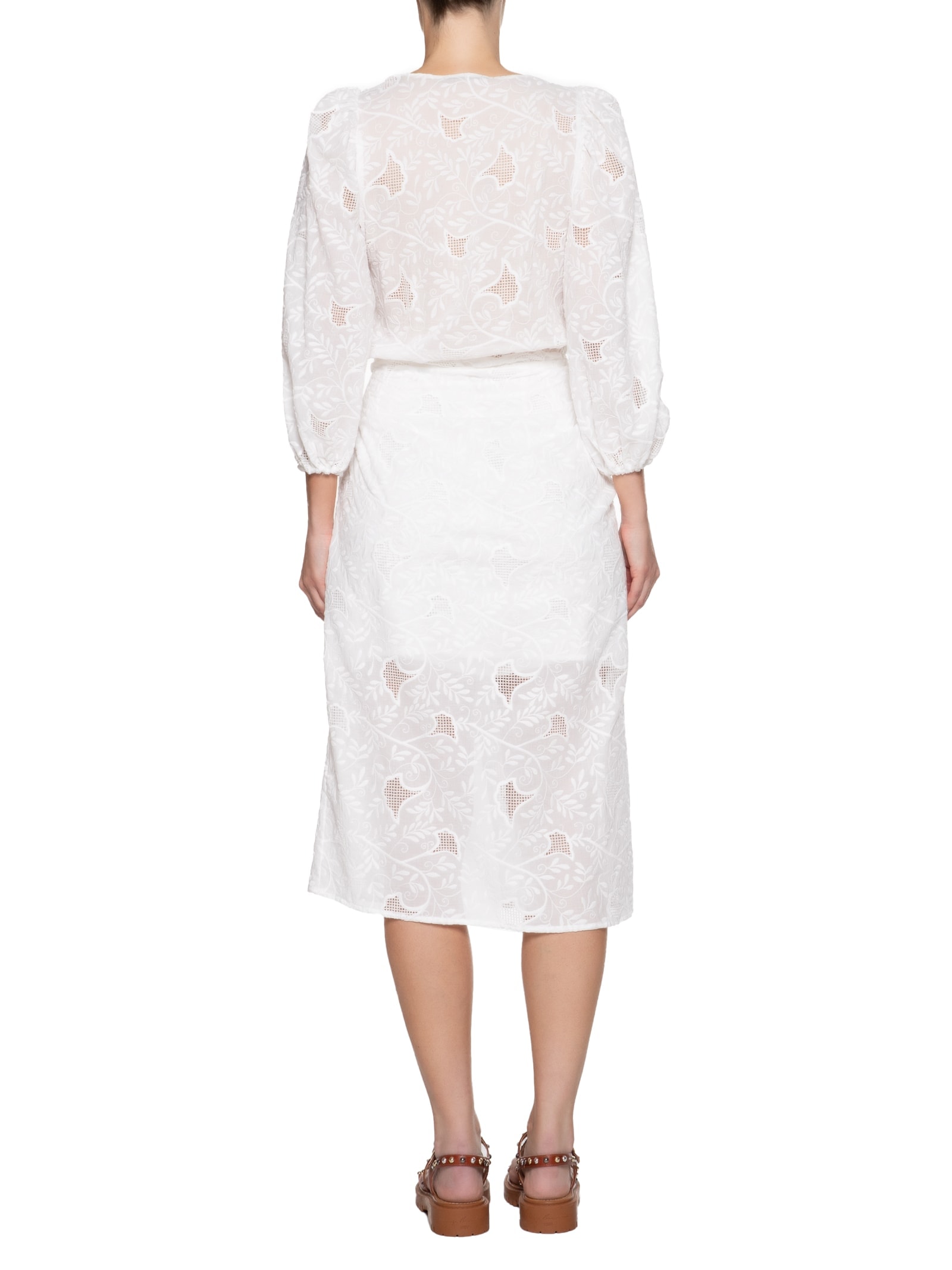 Maria Filó Vestido Midi Bordado Folhagem Off White