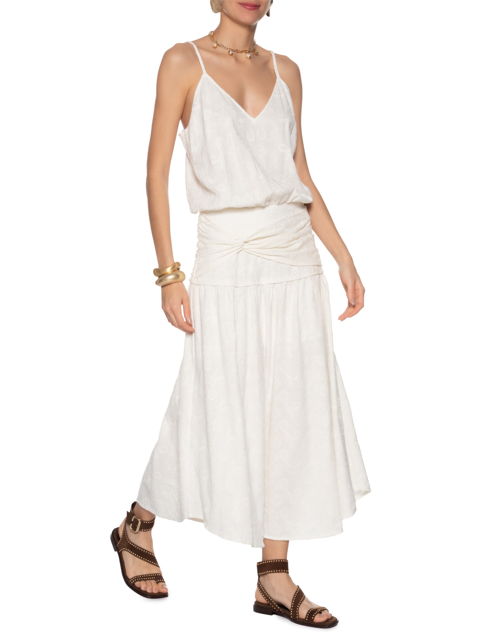 Vestido Midi Bordado Paisley Branco Maria Filó