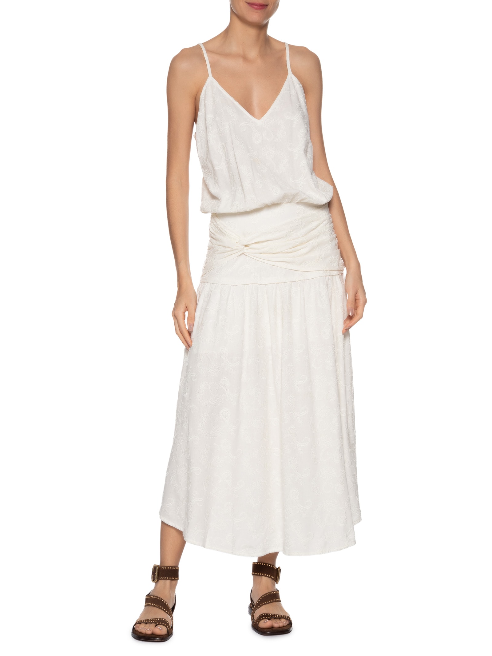Vestido Midi Bordado Paisley Branco Maria Filó
