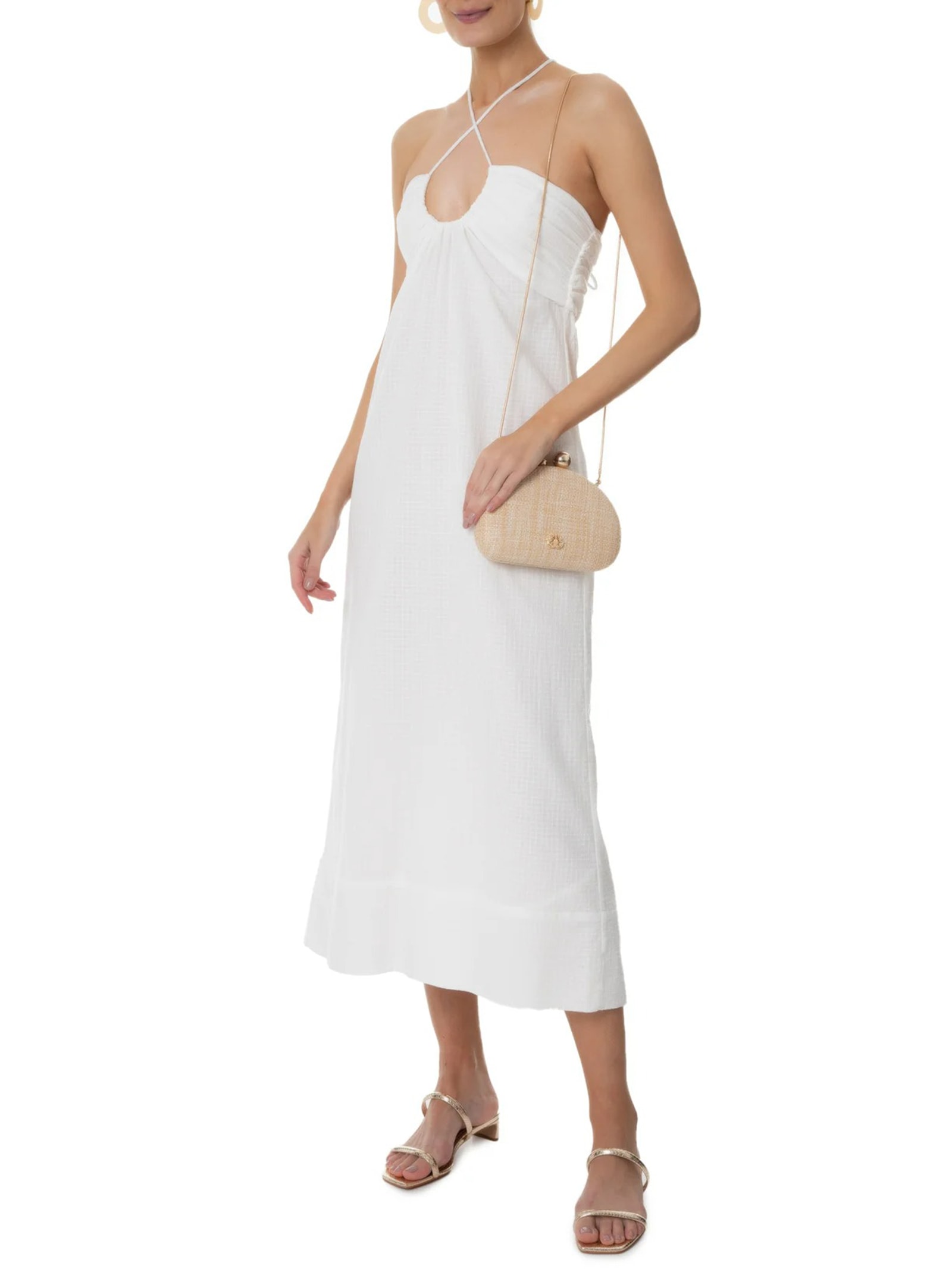 Vestido Midi Busto Franzido Branco Animale