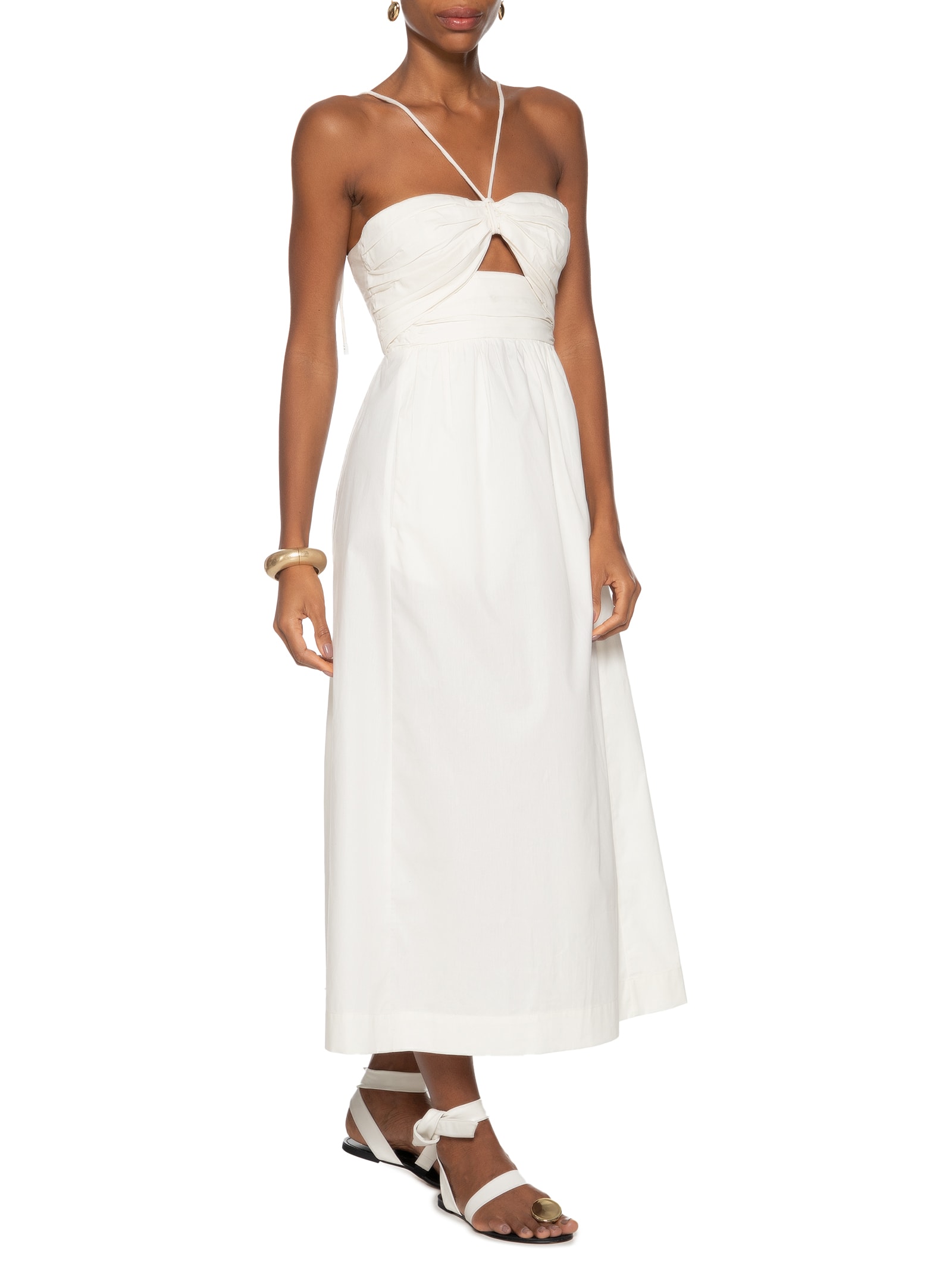 Vestido Midi Busto Franzido De Algodão Branco Animale