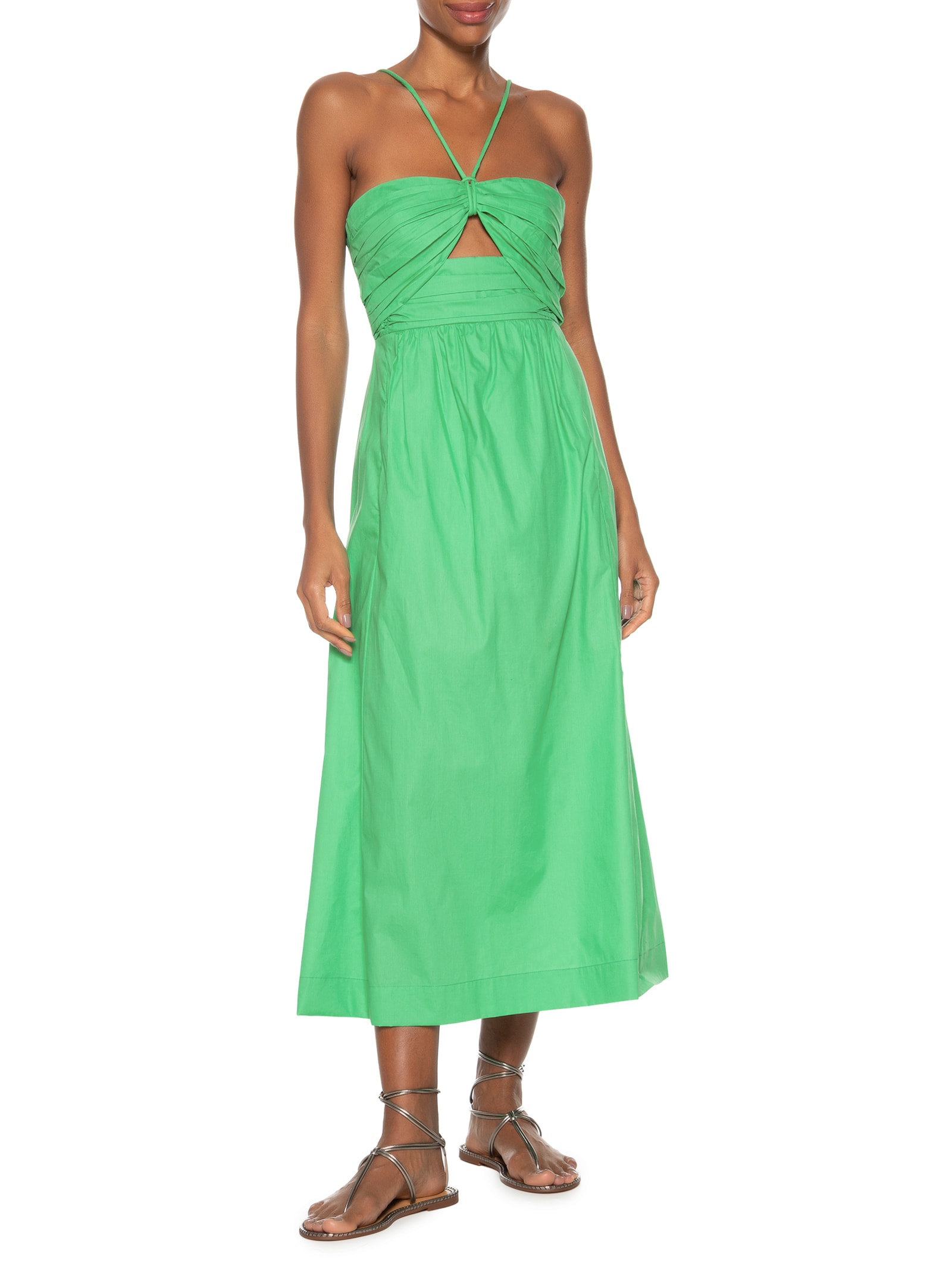 Vestido Midi Busto Franzido De Algodão Verde Animale