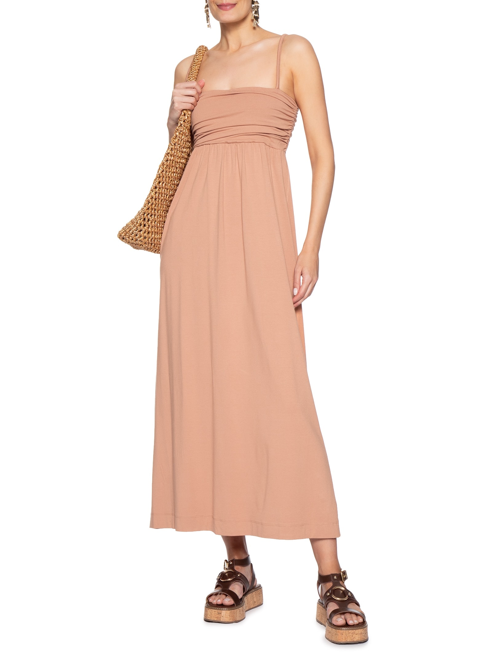 Vestido Midi Busto Franzido Marrom Animale