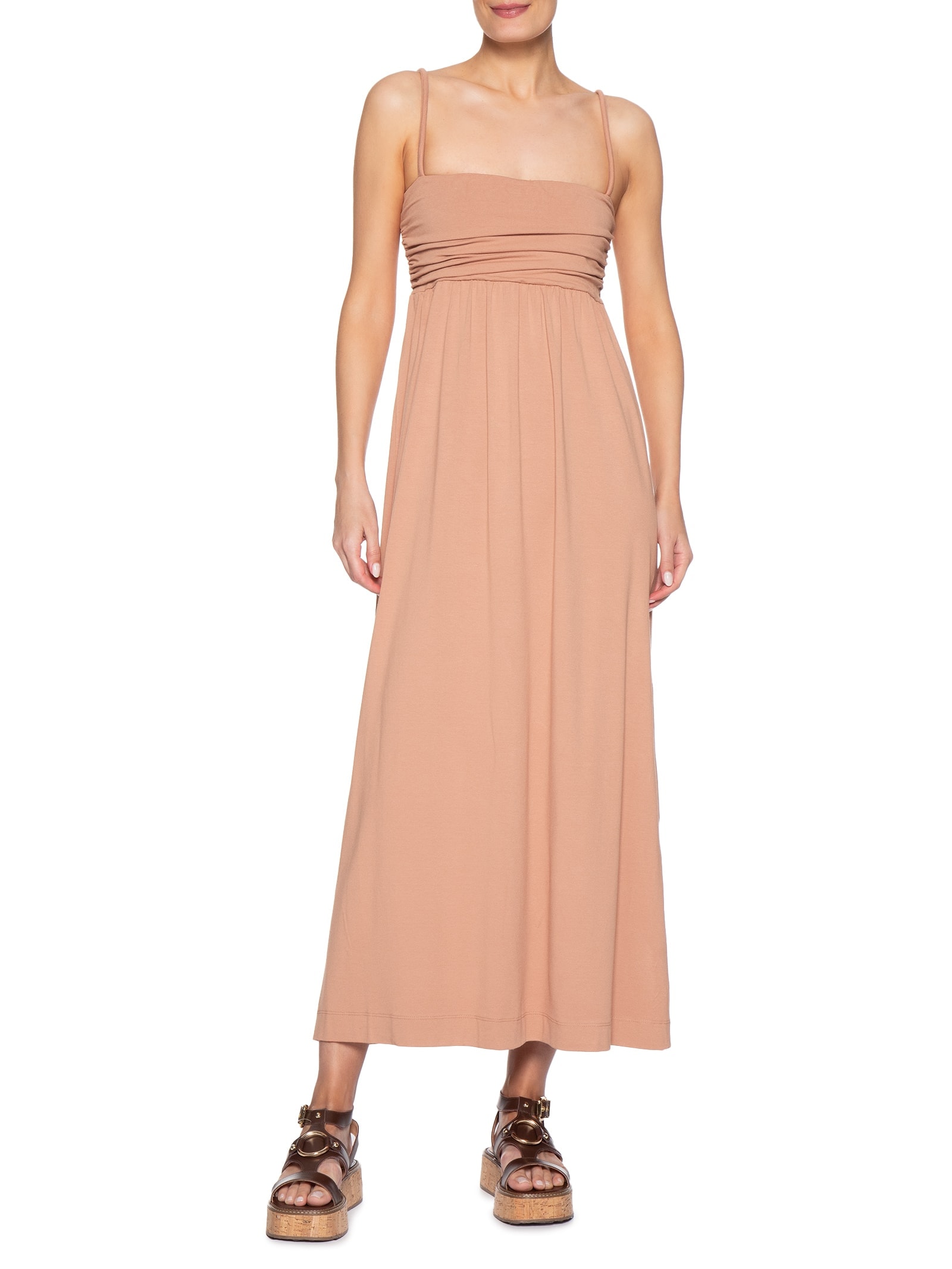Vestido Midi Busto Franzido Marrom Animale