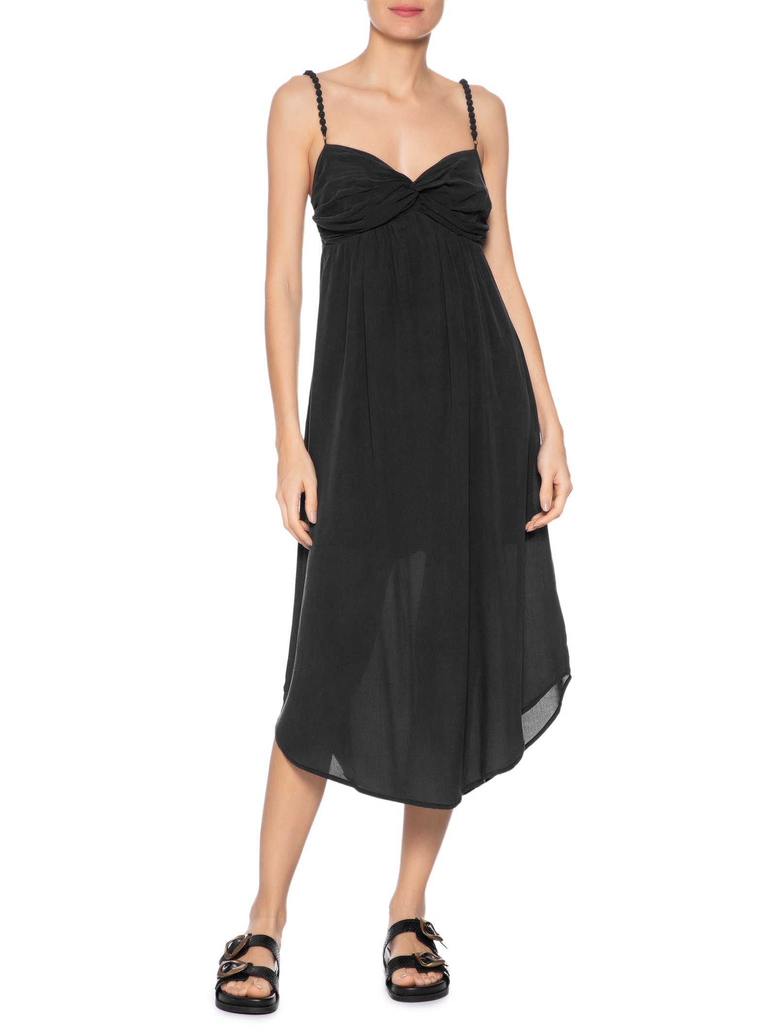 Vestido Midi Busto Franzido Preto Maria Filó