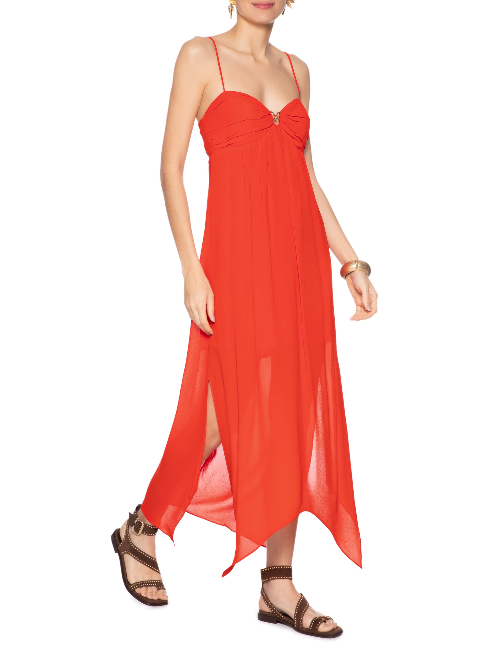 Vestido Midi Busto Franzido Vermelho Maria Filó