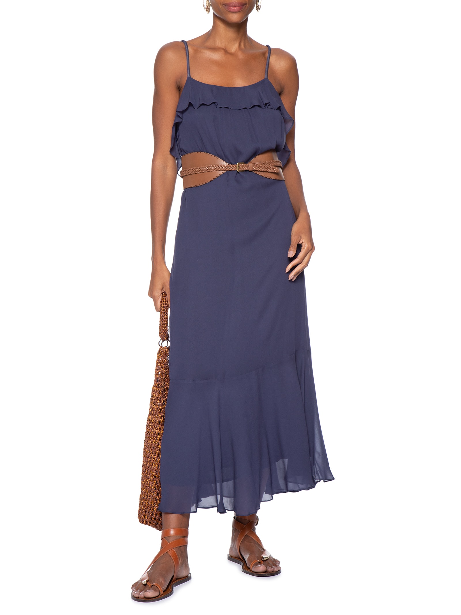 Vestido Midi Camada Decote U Azul Animale